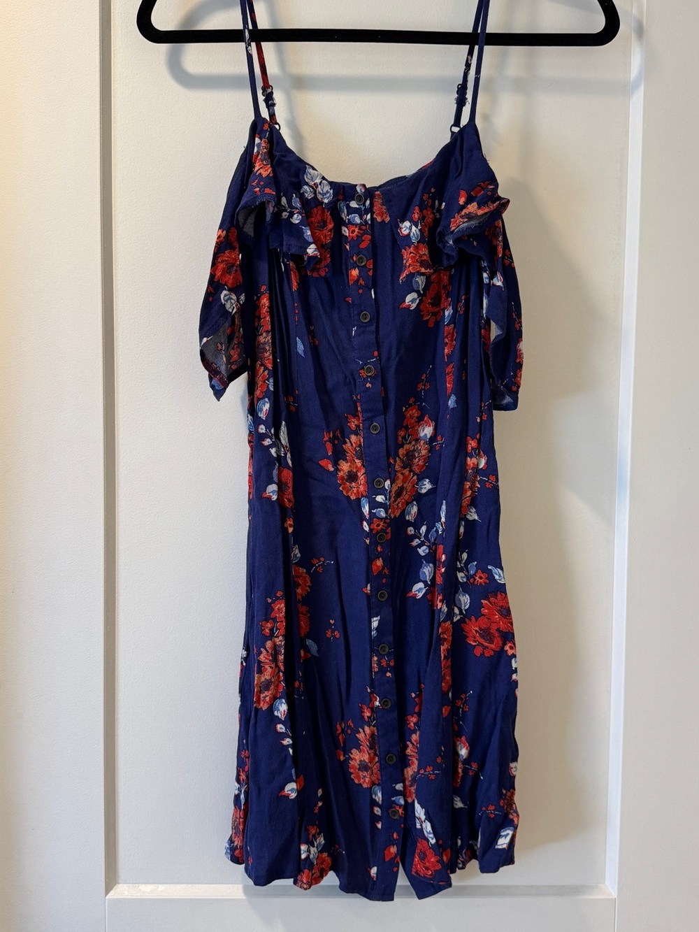 Navy Floral Off-Shoulder Dress with Buttons